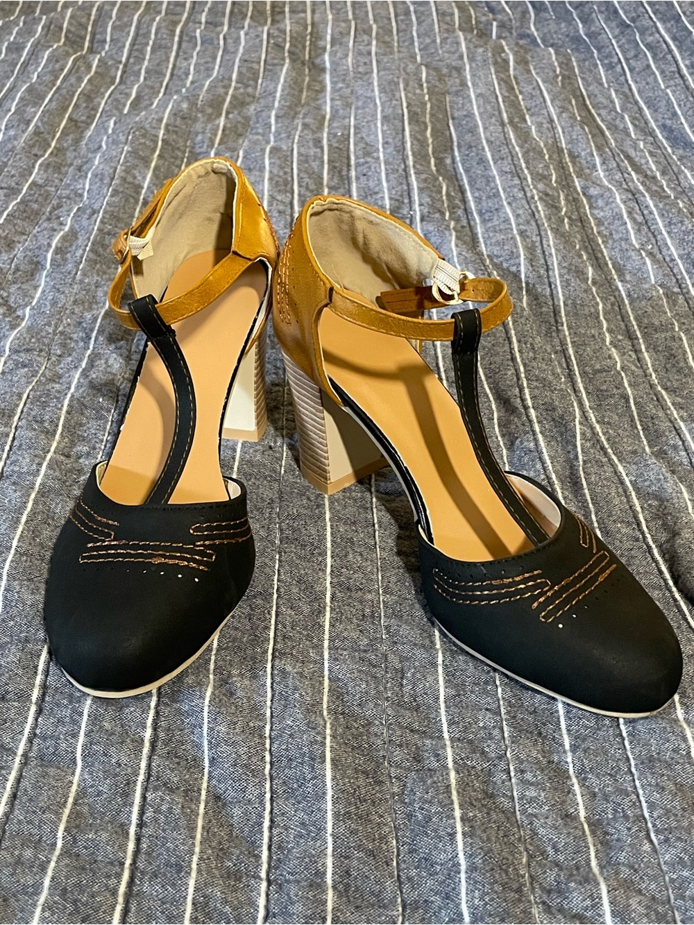Women's Black and Tan Block Heel T-Strap Pumps (3”)